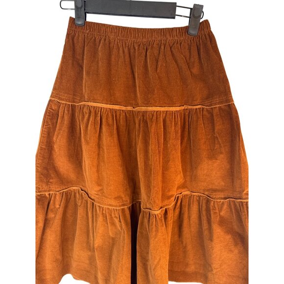 2/$30 Pastel Tiered M Rust Carmel Brown Thin Corduroy Midi Skirt Elastic Waist - Picture 6 of 10